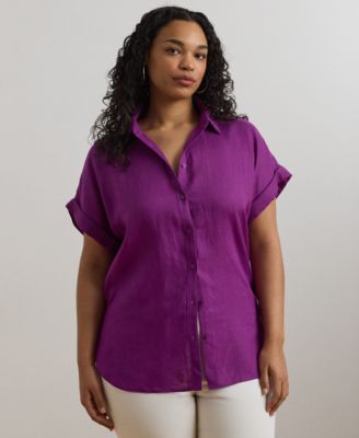 Lauren Ralph Lauren - Plus Size Relaxed-Fit Linen Short-Sleeve Shirt