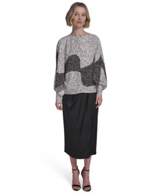 Women's Printed Boat-Neck Blouson-Sleeve Top