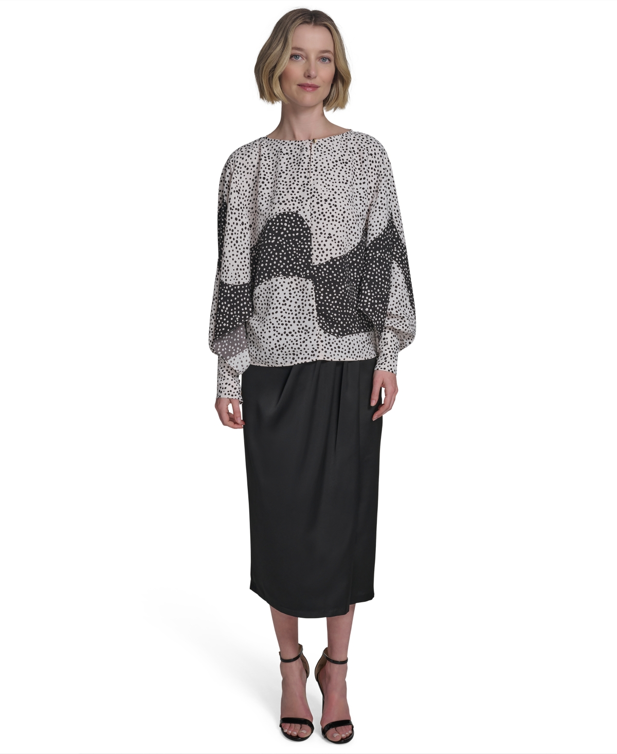 HALSTON WOMEN'S PRINTED BOAT-NECK BLOUSON-SLEEVE TOP 
