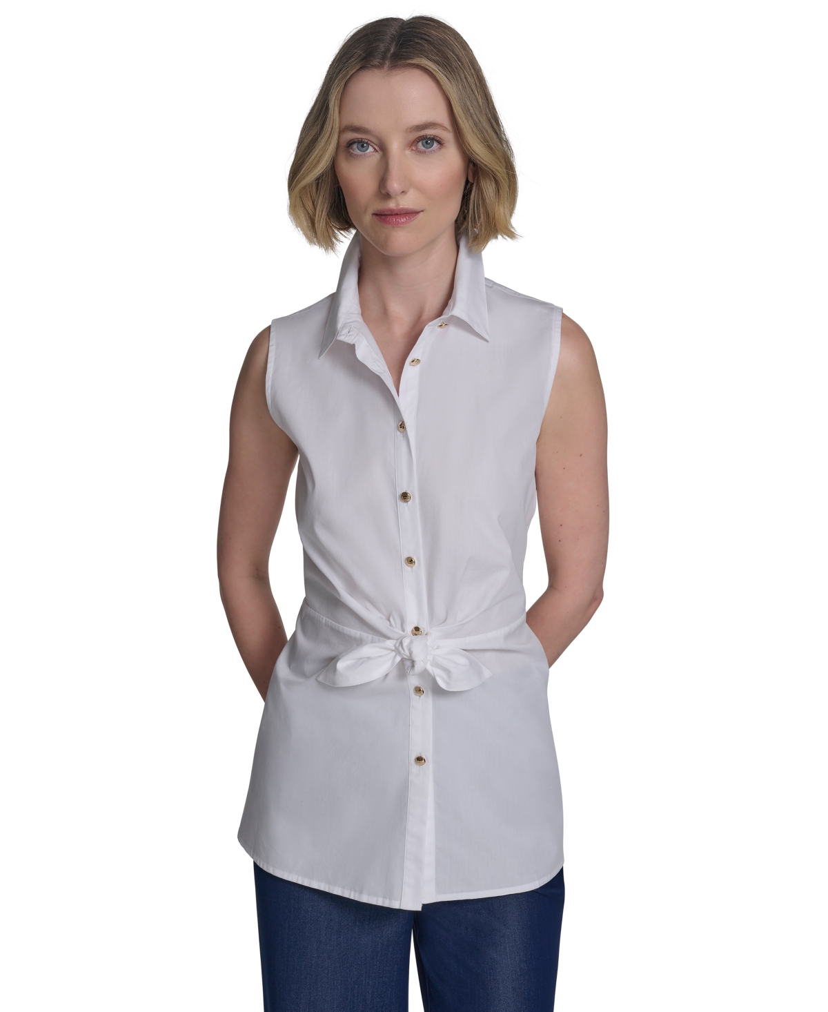 HALSTON WOMEN'S COTTON TIE-WAIST BUTTON-FRONT SLEEVELESS BLOUSE 