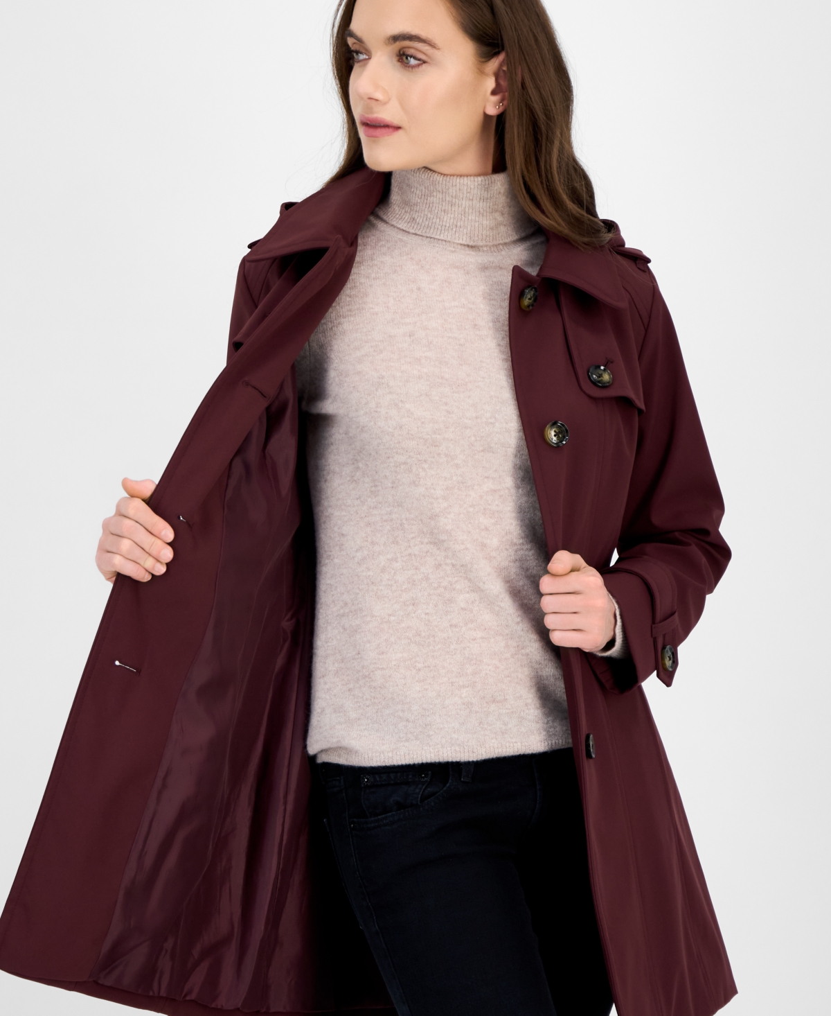 London Fog Women's Hooded Belted Zip-front Raincoat In Burgundy