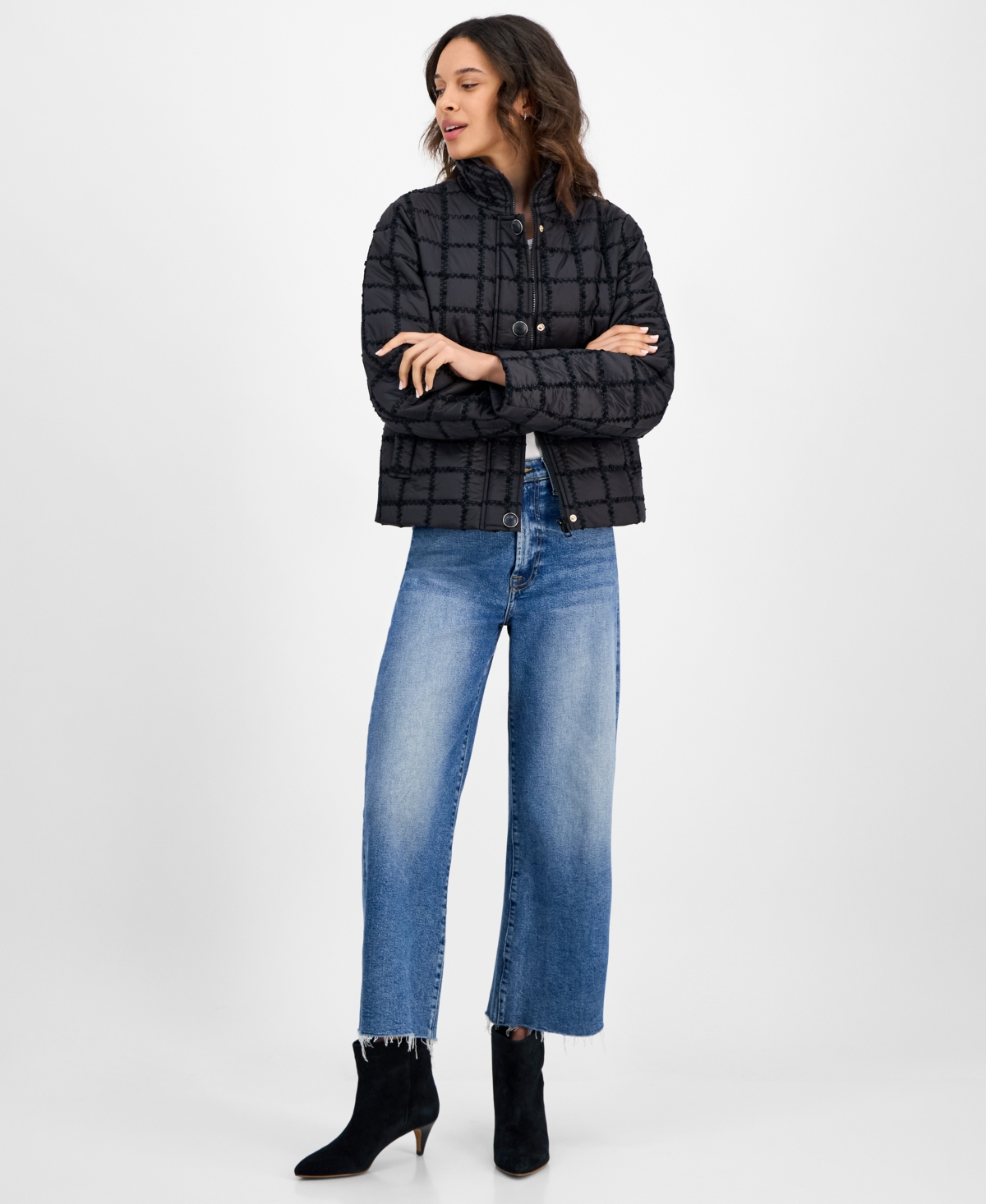 Cece Women's Short Boucle Windowpane Quilted Coat In Black