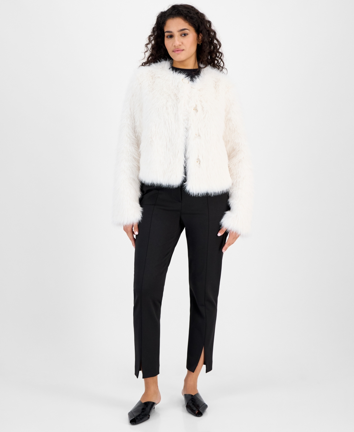 Cece Women's Collarless Short Faux-fur Coat In White
