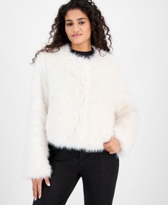 Women's Collarless Short Faux-Fur Coat