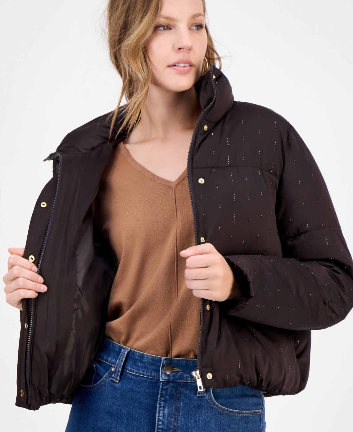Cece Women's Embellished Stand-collar Puffer Jacket In Brown
