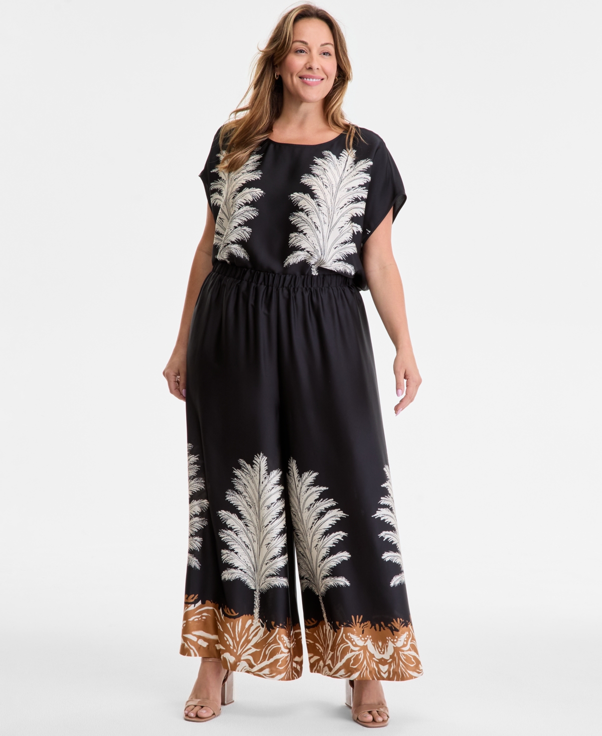 Vince Camuto June Hero Look Plus Size Placed Print Boat Neck Caftan Blouse Printed Pull On Wide Leg Pants In Black