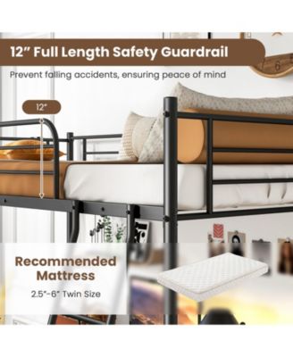 Twin Size Loft Bed Metal Bed Frame with Ladder and Guardrails
