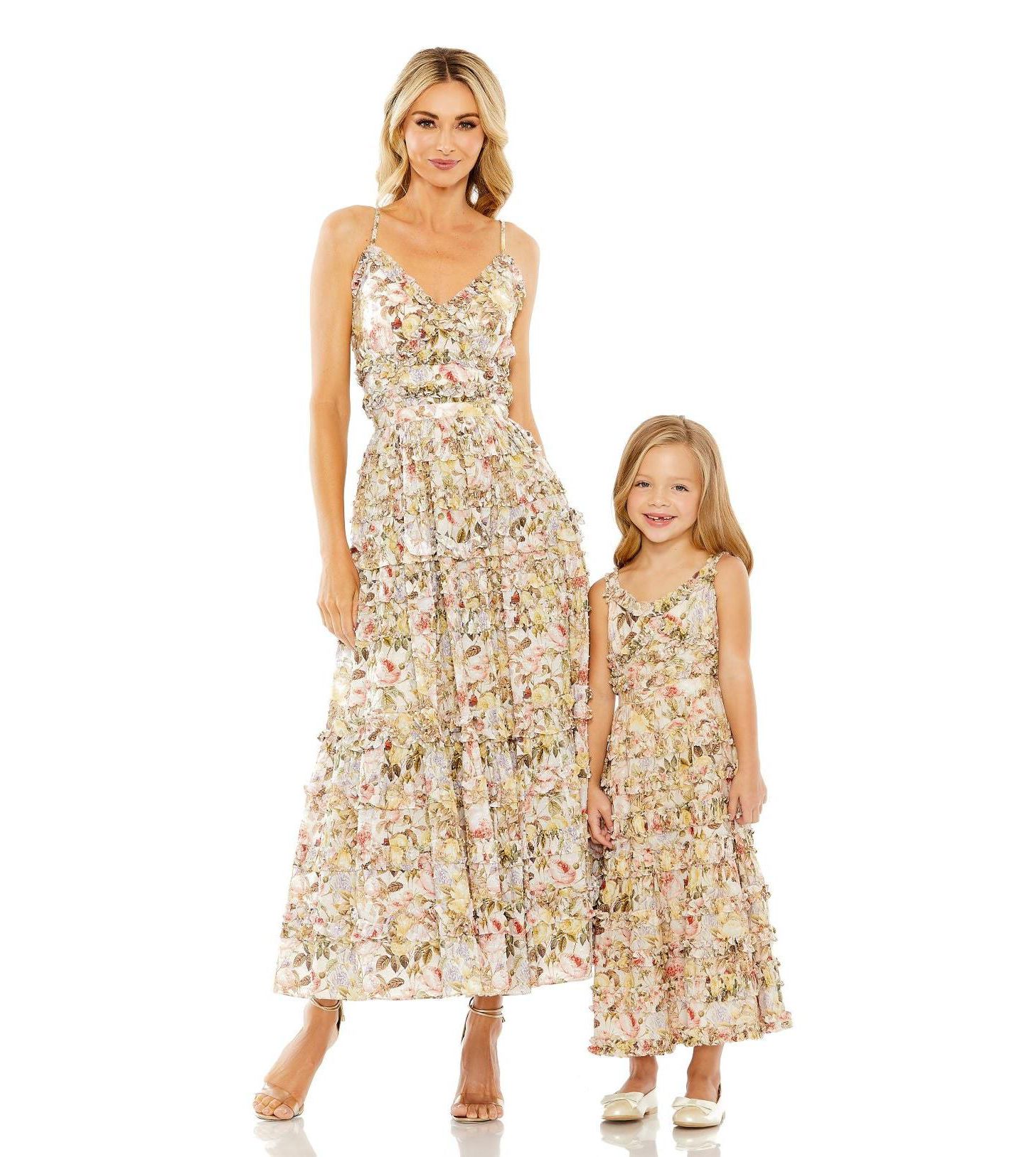 Платье Mac Duggal Floral Print Ruffle Tiered Midi Dress для девочек, цвет: Слоновая кость разноцветный — фото 3