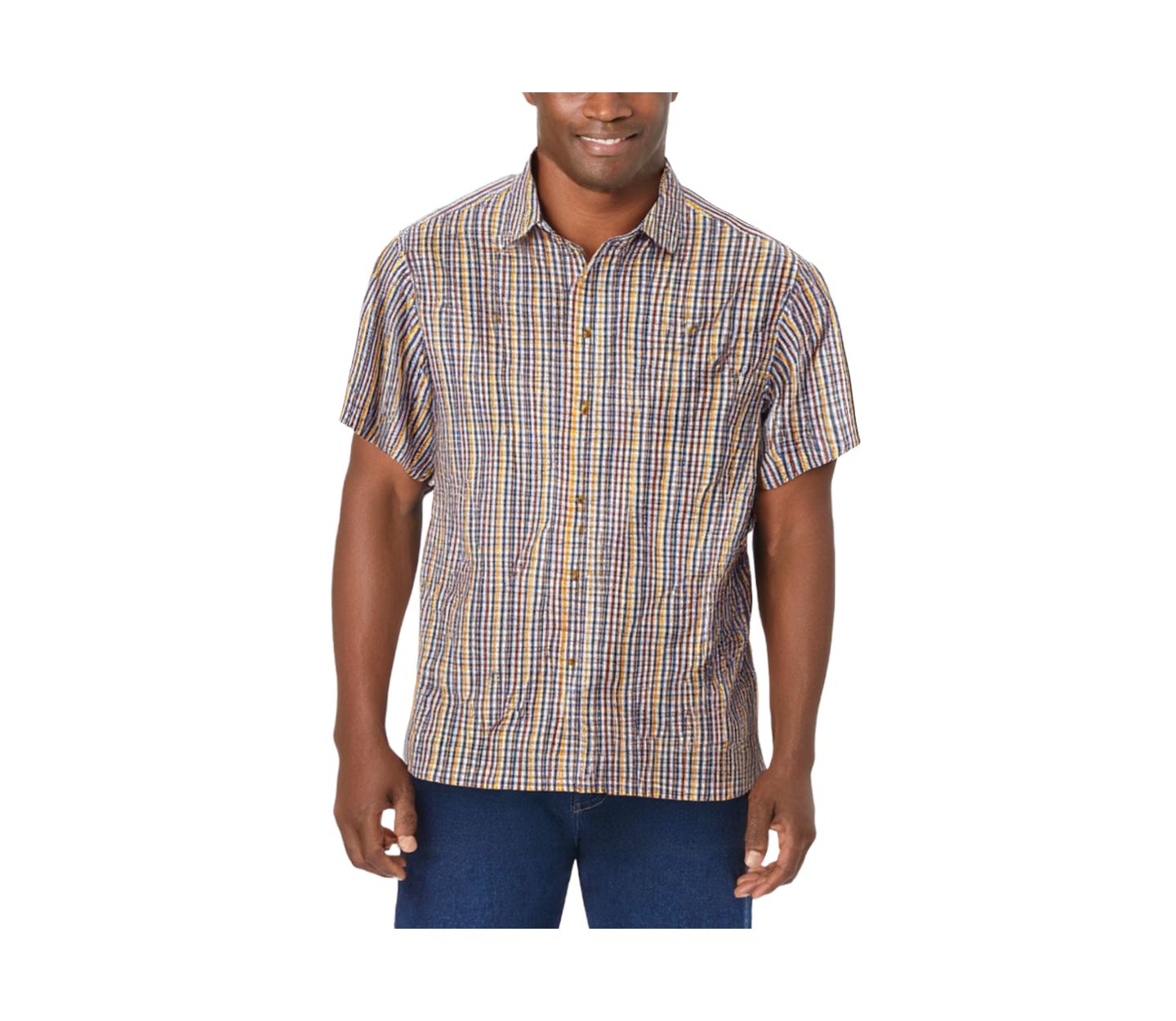 Мужской топ KingSize Wrinkle-Resistant Short Sleeve Button Down, Printed, цвет: Золотой клетчатый — фото 1