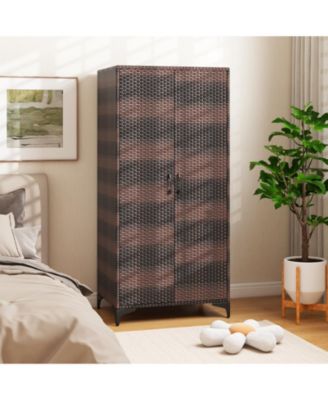 PE Rattan Wicker Wardrobe with 2 Doors and Hanging Rod – Elegant Storage Cabinet for Bedroom or Closet