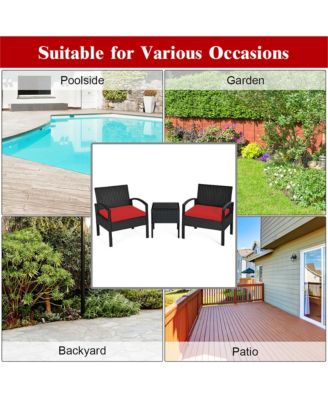 3PCS Patio Rattan Furniture Set Coffee Table & Chairs Set with Seat Cushions Garden