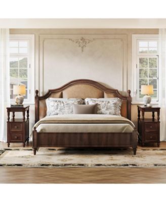 Solid Wood Nightstand with 2 Drawers, Mid-Century Modern Night Stand with Open Shelf, Vintage Bedside Table for Bedroom, Easy to Assemble (Dark Cherry Wood Color)