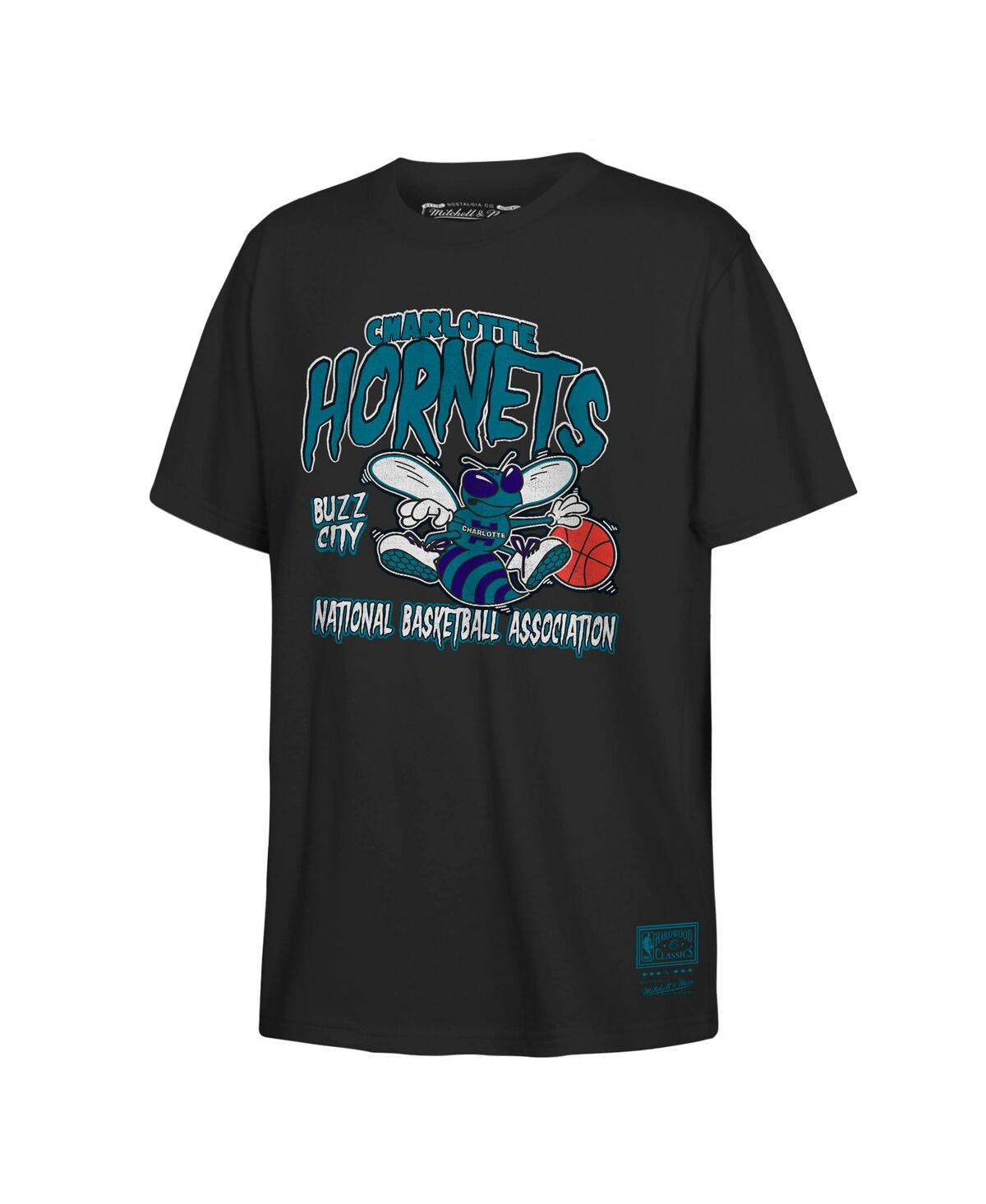 Mitchell & Ness Big Boys And Girls Black Charlotte Hornets Retro Mascot Script T-shirt