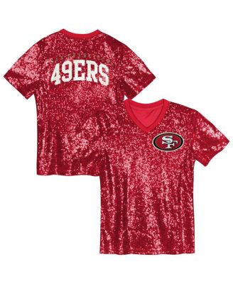 Outerstuff - Big Girls Scarlet San Francisco 49ers Wordmark Sequin V-Neck T-Shirt