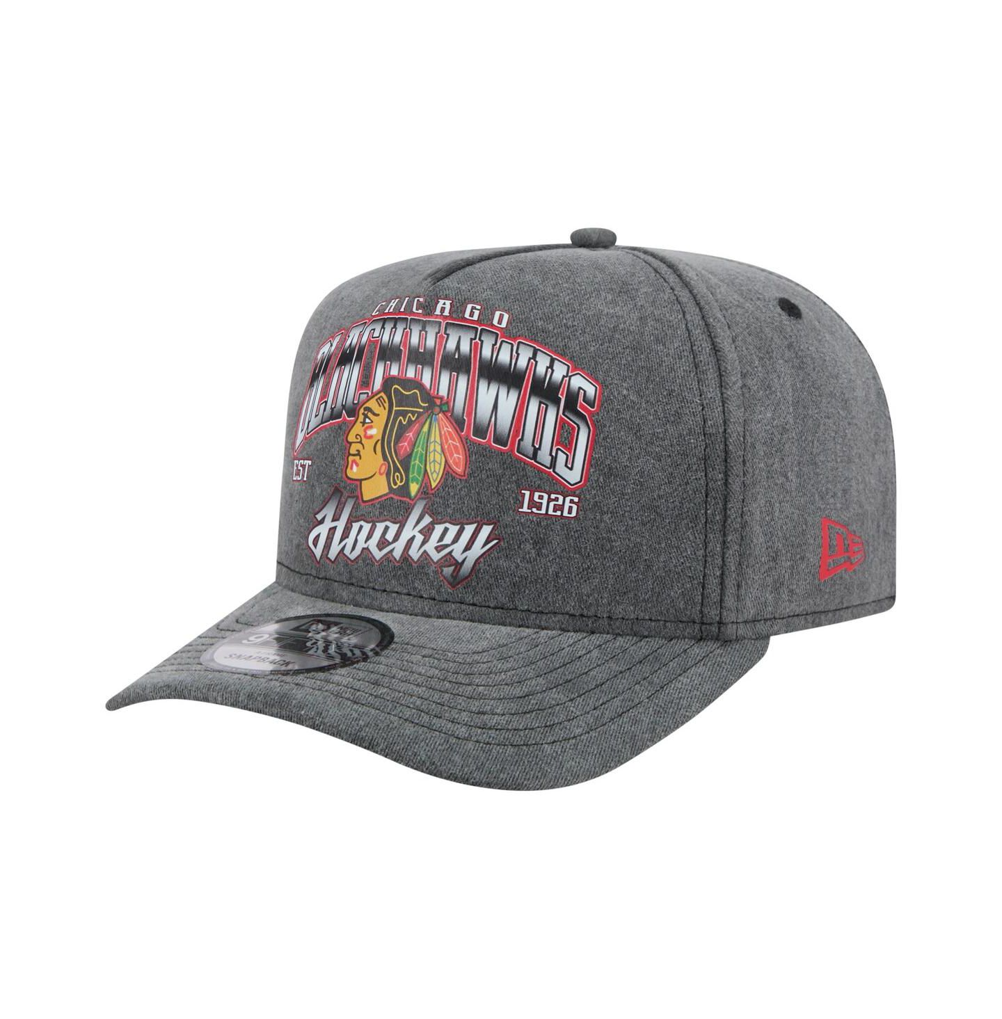 Мужская кепка New Era Charcoal Chicago Blackhawks Throwback Washed A-Frame Pre-Curved 9FIFTY Snapback Hat — фото 1