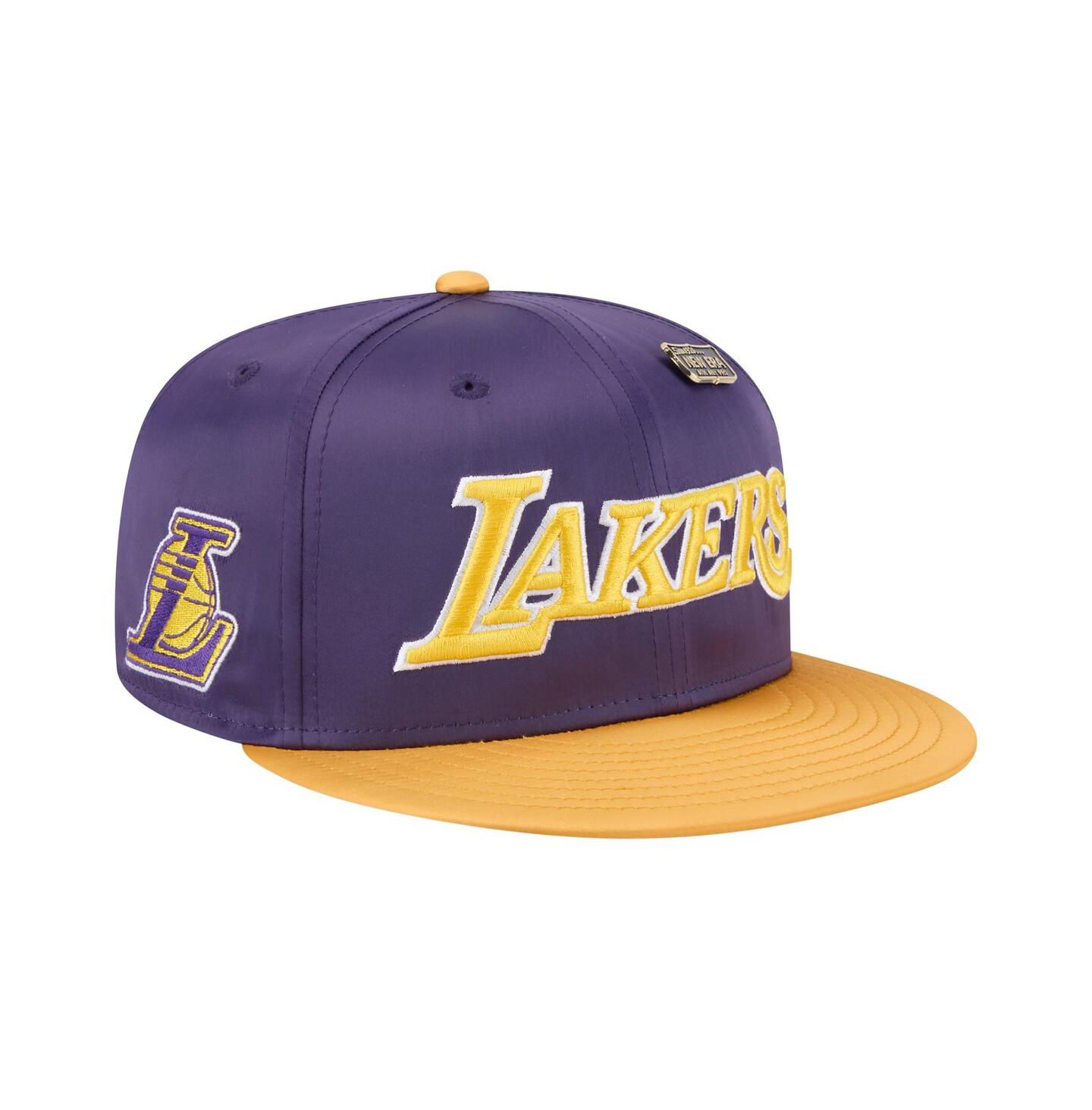 Мужская кепка New Era Purple/Gold Los Angeles Lakers Throwback Satin Vintage Pin Two-Tone 59FIFTY Fitted Hat — фото 1