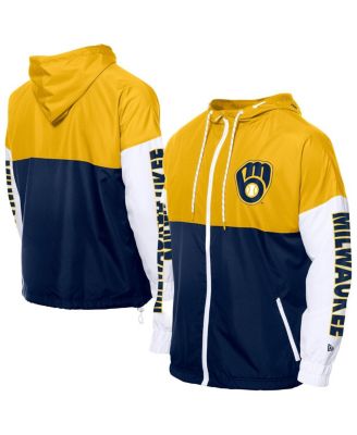 New Era - Men's Navy/Gold Milwaukee Brewers Color Block Full-Zip Hoodie Windbreaker Jacket