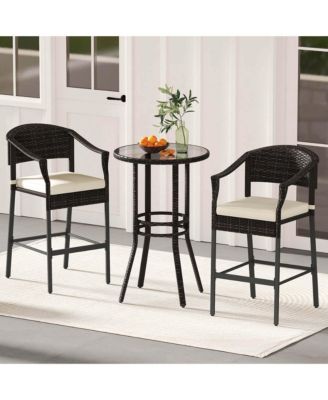 3 Pc Wicker Tempered Glass Patio Bar Set with Armchairs & Round Table