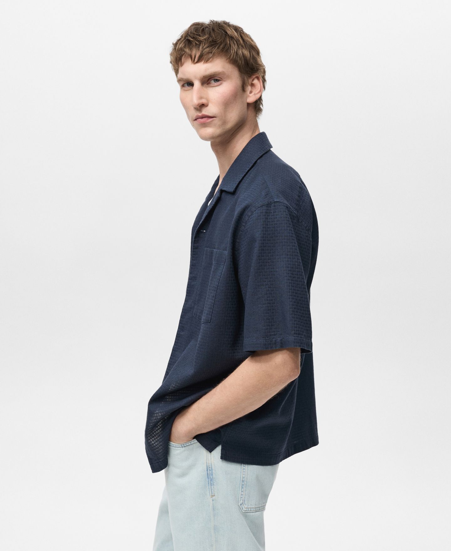 Мужская рубашка Mango Cotton Check Seersucker, цвет: Тёмный тёмно-синий — фото 5