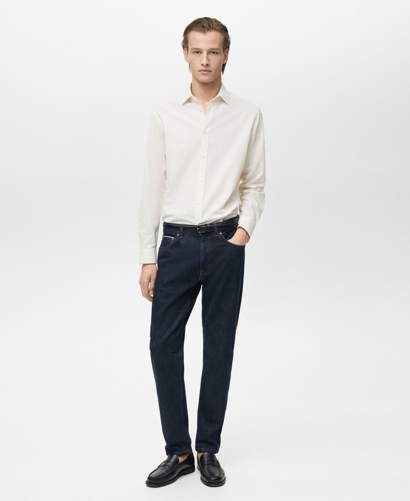 Мужская рубашка Mango Slim-Fit Striped Seersucker, цвет: Песочный — фото 1
