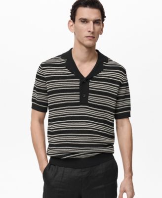 MANGO - Men's Striped Braided Knit Polo Shirt