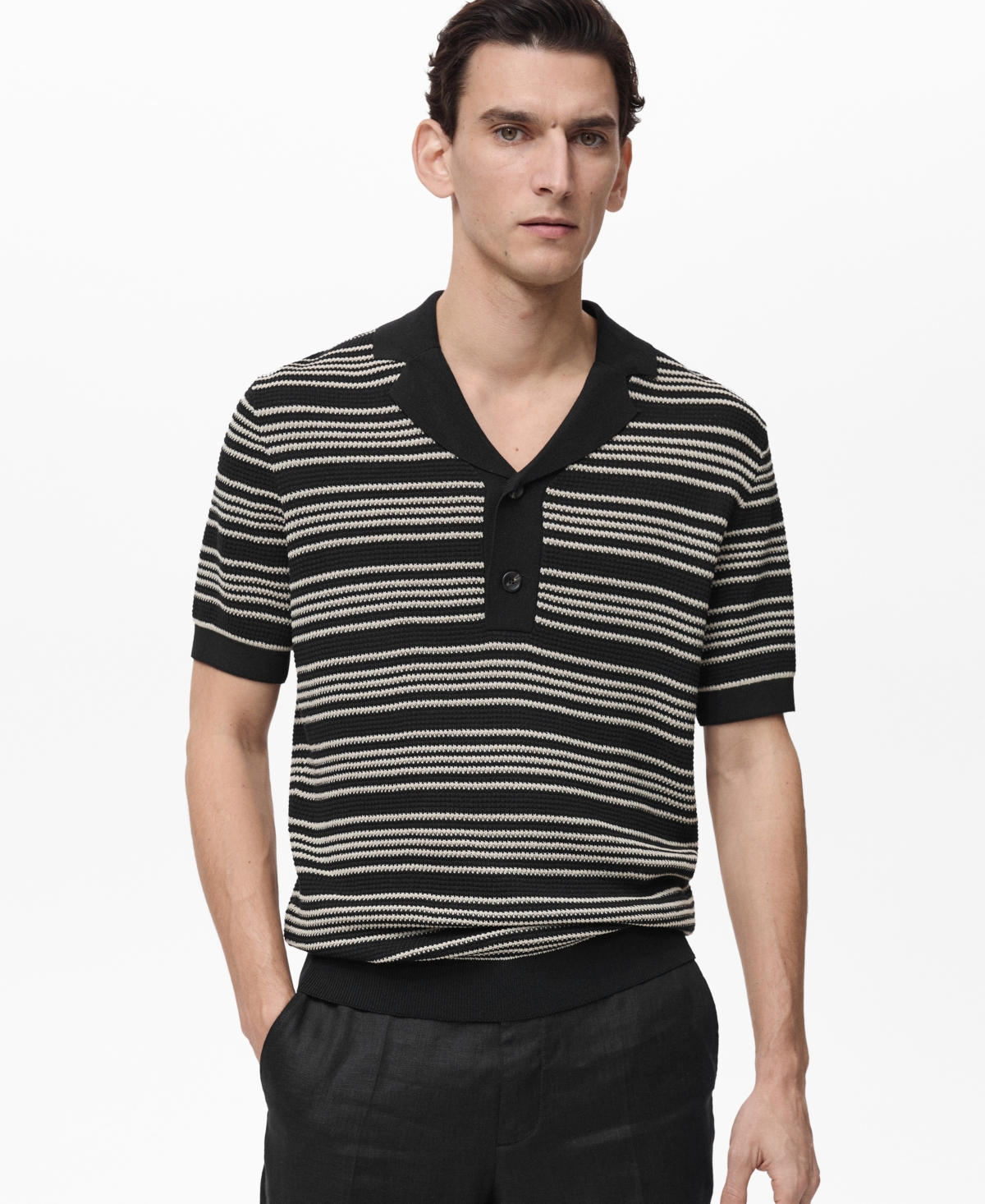 Mango Men's Striped Braided Knit Polo Shirt