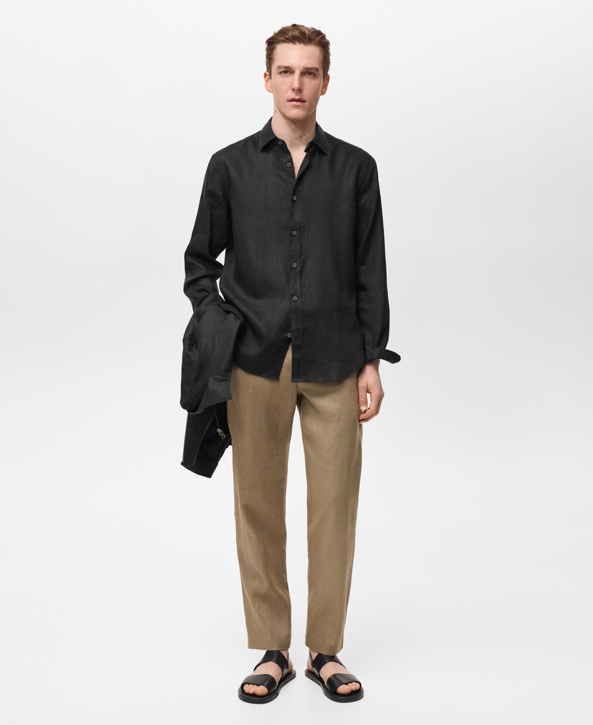 Mango Regular Fit Linen Button-up Shirt In Black