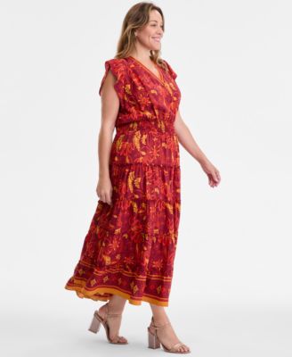 Plus Size Printed Smocked-Waist Flutter-Sleeve Maxi Dress