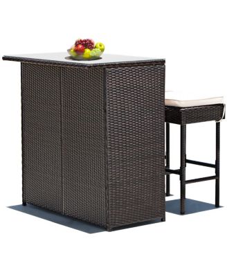 3PCS Patio Rattan Wicker Bar Table Stools Dining Set Cushioned