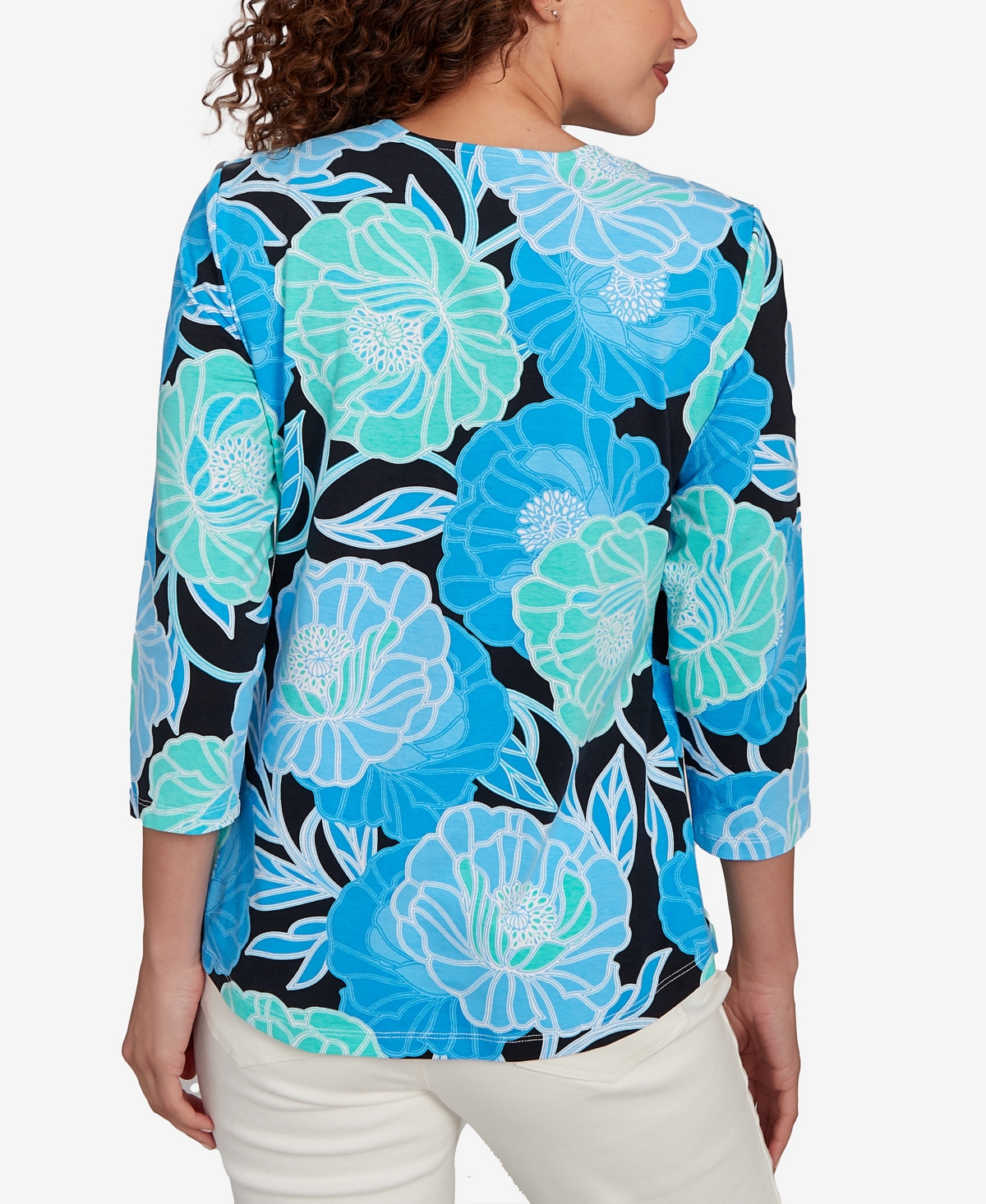 Ruby Rd. Petite Bold Poppies Envelope Neck Top In Blue