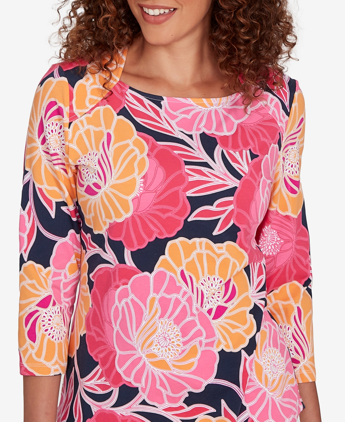 Ruby Rd. Petite Bold Poppies Envelope Neck Top In Multi