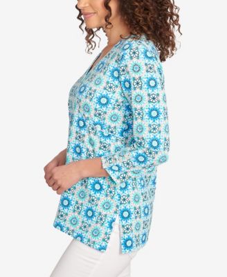 Petite Medallion Tile Floral Faux Surplice Top