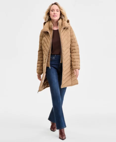Petite Hooded Bibbed Puffer Coat - Dark Camel