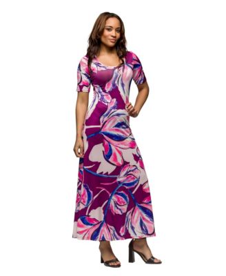 Women's Purple Floral Print Elbow Sleeve Casual A Line Maxi Dress