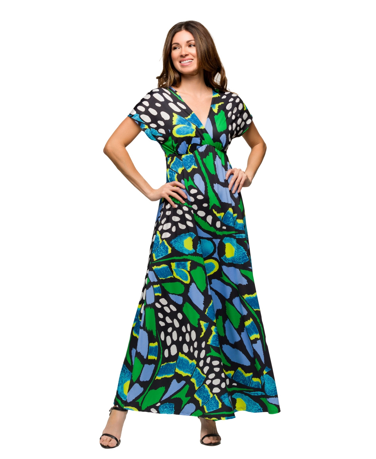 Women's V Neck Empire Waist Cap Sleeve Maxi Dress - Green Mult