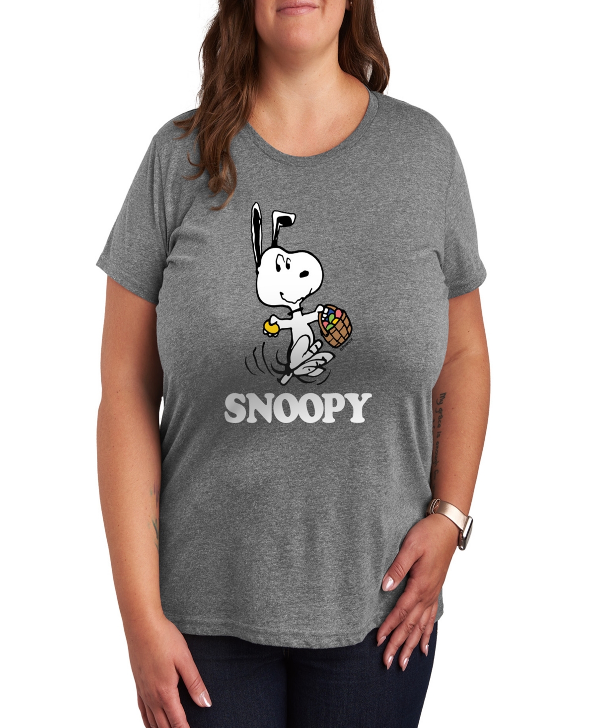Hybrid Apparel Plus Size Peanuts Snoopy Easter Graphic Crew Neck T-shirt In Gray
