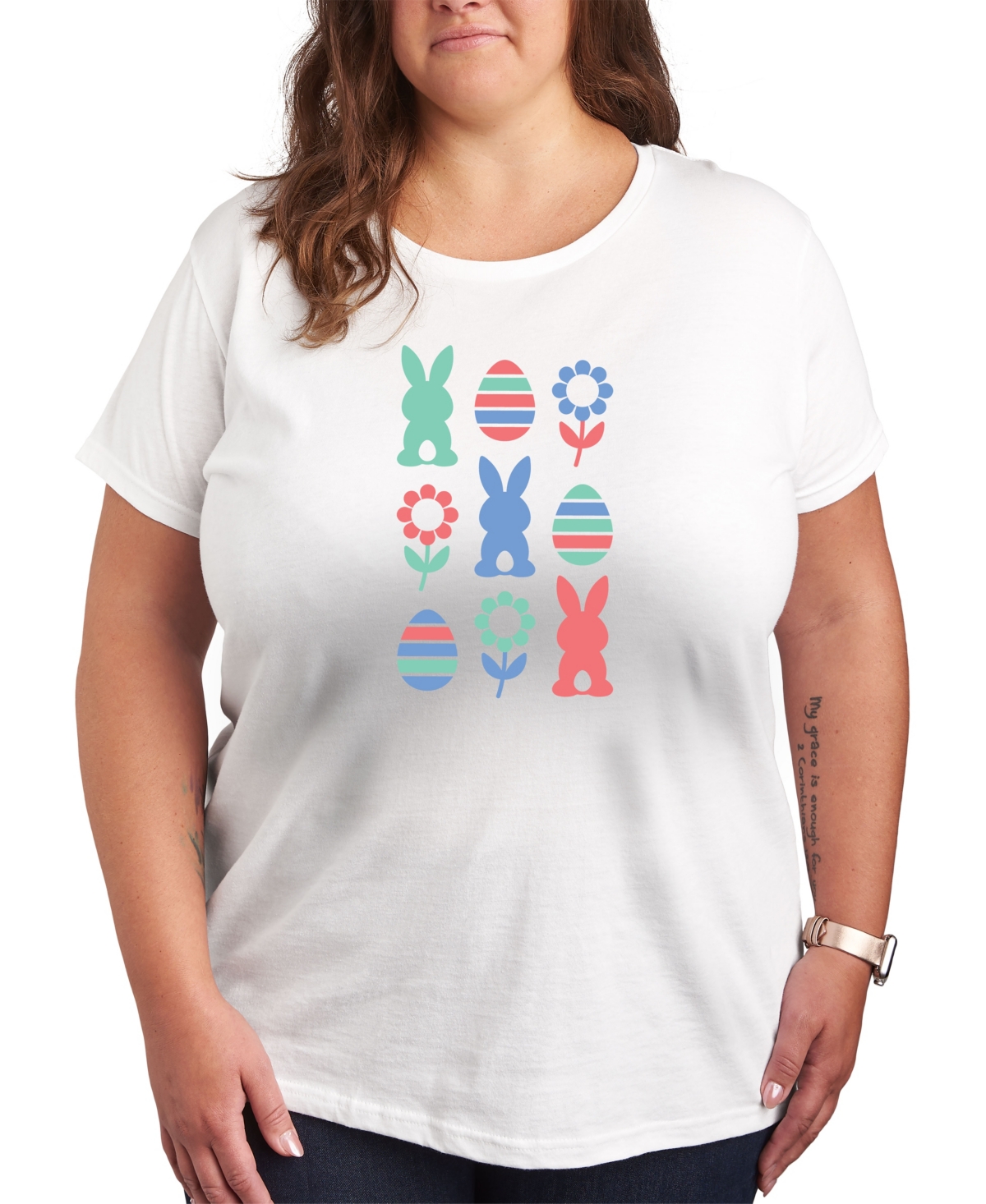 Plus Size Easter Grid Graphic Crew Neck T-Shirt - White