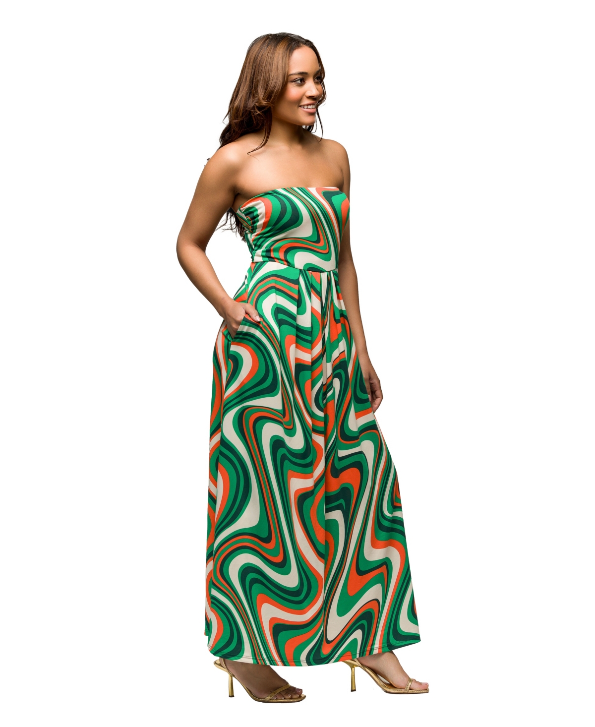 24seven Comfort Apparel Green Print A-line Strapless Maxi Dress With Pockets In Green Mult