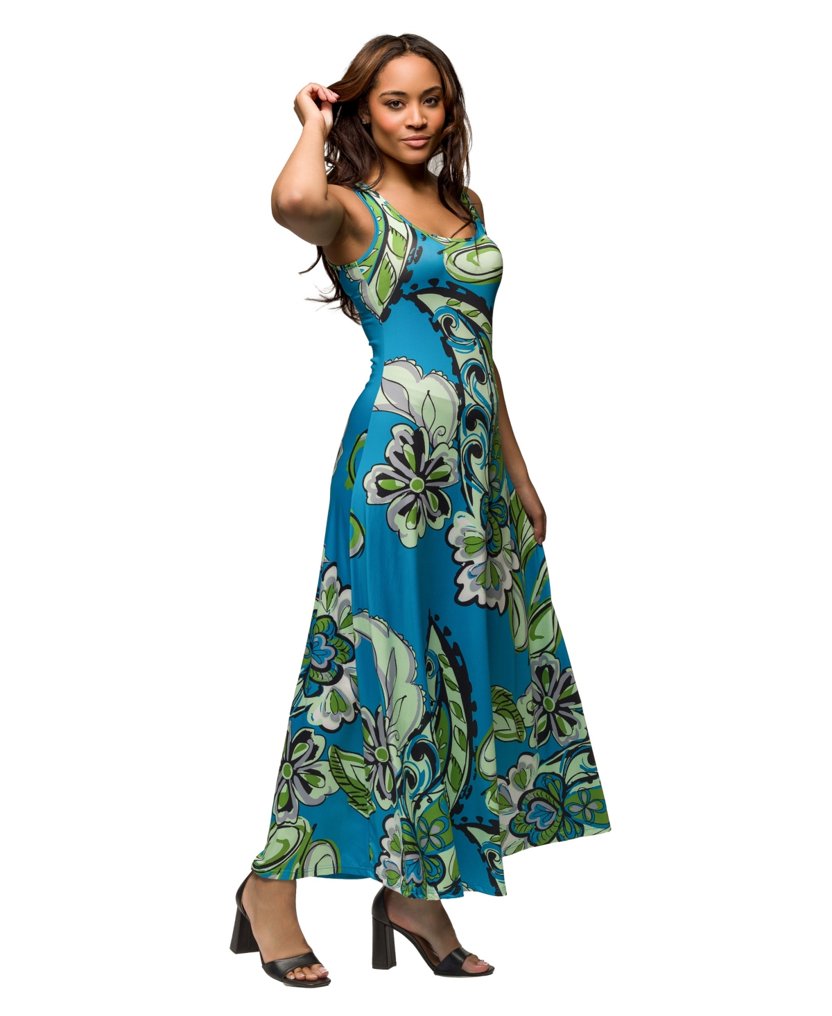 24seven Comfort Apparel Maternity Blue Paisley Print Scoop Neck A-line Sleeveless Maxi Dress In Blue Multi