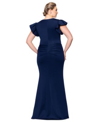 Plus Size Gathered-Waist Flutter-Sleeve Evening Gown