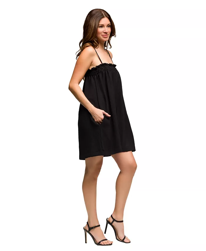 Women's Square Neck Spaghetti Strap Smocked Pocket Mini Dress - thumbnail 3