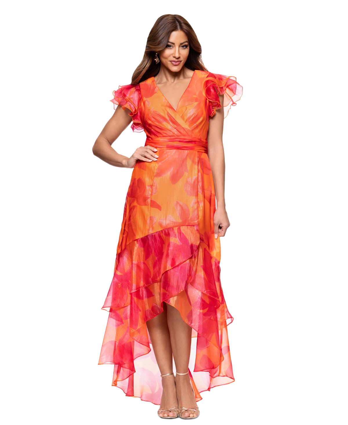 Petite Flutter-Sleeve High-Low Dress - Bright Orange