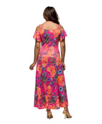 Women's Pink Paisley Cold Sholder Ruffle Sleeve A Line Maxi Dress