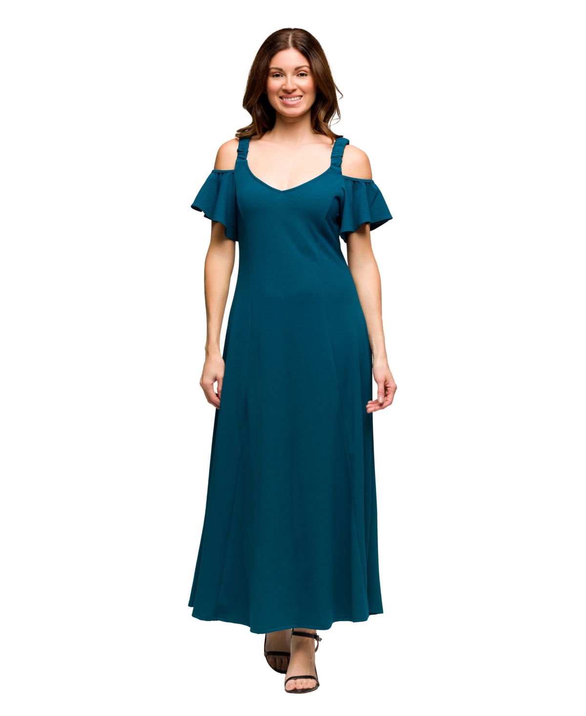Shop 24seven Comfort Apparel Women's Cold Sholder Ruffle Sleeve A Line Maxi Dress