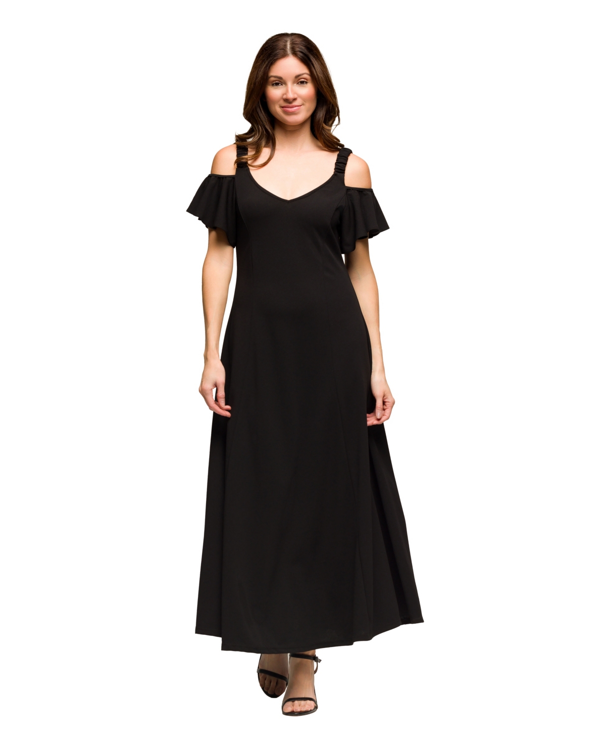 24seven Comfort Apparel Women's Cold Sholder Ruffle Sleeve A Line Maxi Dress