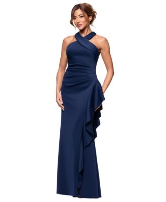 Women's Crisscross Halter Side-Ruffled Gown