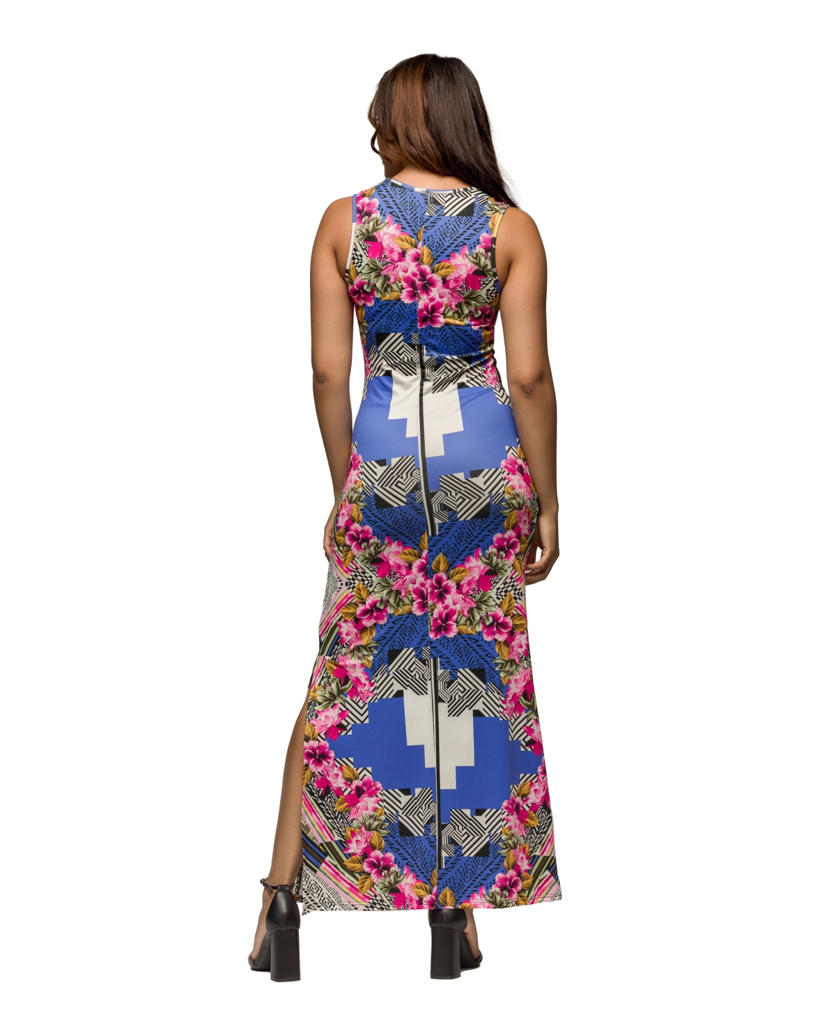24seven Comfort Apparel Maternity Geometric Floral Print Sleeveless Side Slit Maxi Dress In Green