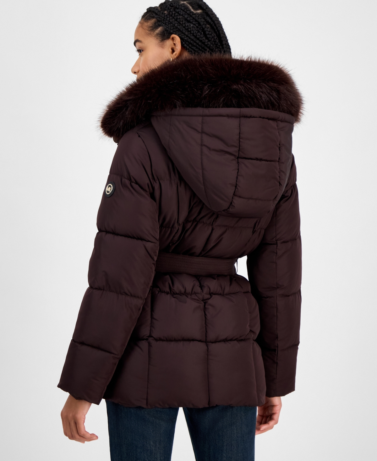 Michael Kors Michael  Women's Belted Hooded Faux-fur-collar Puffer Coat, Exclusively At Macy's In Burgundy