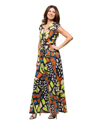 Women's Cap Sleeve V Neck Side Slit Pocket Maxi Dress