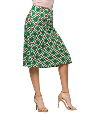 Women's Green Geometric Print Comfortable Elastic Waist Knee Length Skirt